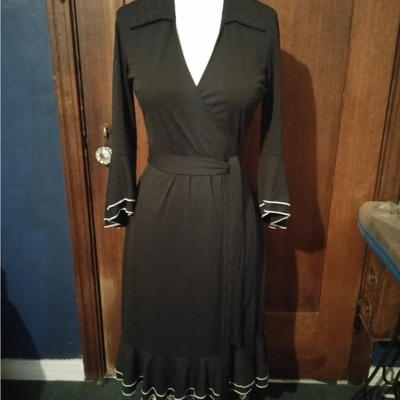Express Black Wrap Midi Dress with Ruffle Cuffs - Picture 1 of 7